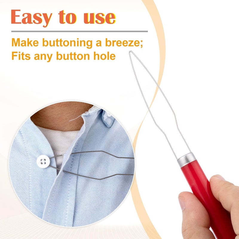 STSTR Easy Button Hook, Steel Button Helper Tool for Elderly, Wide Plastic Handle Buttons Fastener Device Assist Dressing Aid Tool for Seniors One Hand - 1 Pack, Red - Image 3